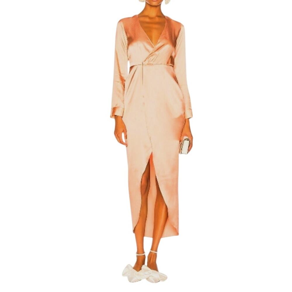 FLEUR DU MAL Women's 10 Rosewater Pink Sexy Silk Long Sleeve Wrap Dress